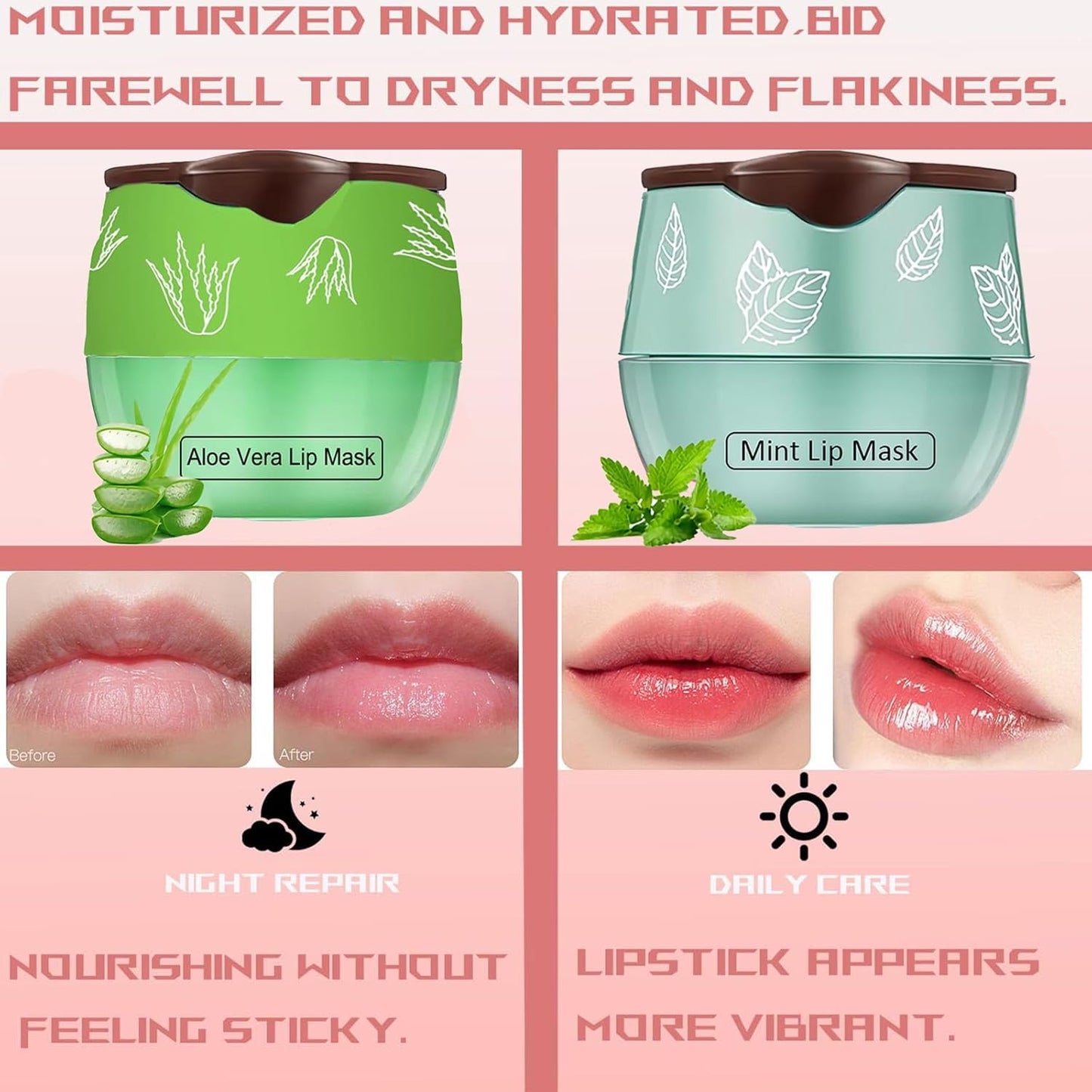 4 PCS Bee Lip Balm Honey Pot, Coconut Aloe Vera Peach Mint Sleeping Lip Mask Overnight with Sticks, Exfoliating Prevention Dry and Crack Lip Scrubs