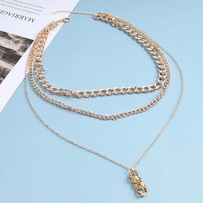 Punk Layered Necklace Choker Gold Cable Chain Necklace Vintage Chain Drop Necklace Multi Layer Necklace Set Jewelry for Women and Girls Gifts