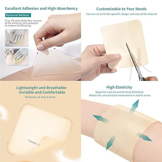 Dimora Hydrocolloid Wound Dressing, 10 Pack Ultra Thin 4" x 4" Large Patch Bandages with Self-Adhesive, Fast Healing for Bedsore, Burn, Blister, Acne Care, Sterile and Waterproof