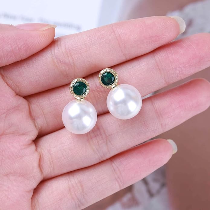 Vintage Emerald Pearl Earrings Gold Pearl Drop Earrings Green Emerald Studs Earrings Rhinestone Pearl Emerald Earrings Jewelry for Women