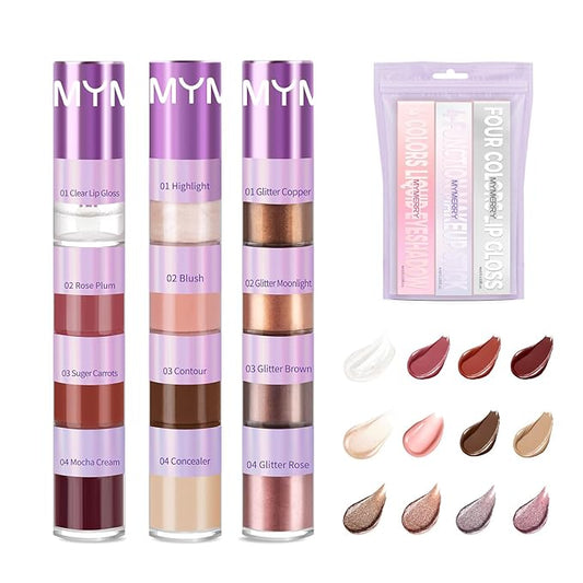 3 Pcs Cosmetic Sets 12 colors 4-Function cosmetic stick +Nonstick Raincoat Lip Gloss(3 colors+Clear Lip Gloss)+Liquid Eyeshadow in Four Colors Sets Waterproof