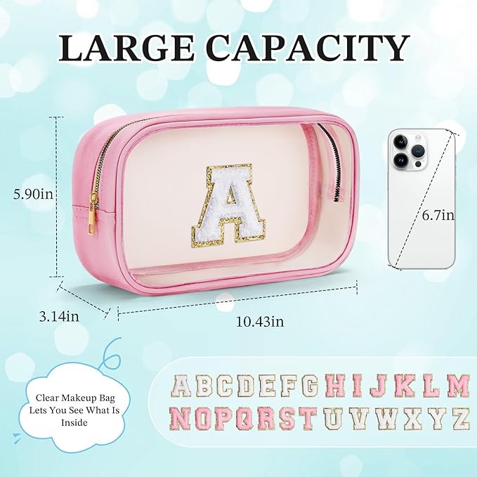 YOOLIFE Initial Make Up Bag Travel Toiletry Bag, Clear Makeup Bag Preppy Cosmetic Bags Organizer Travel Essentials Pink Gifts for Women Teen Girlfriend Teacher Mom Birthday Mothers Day Gifts E