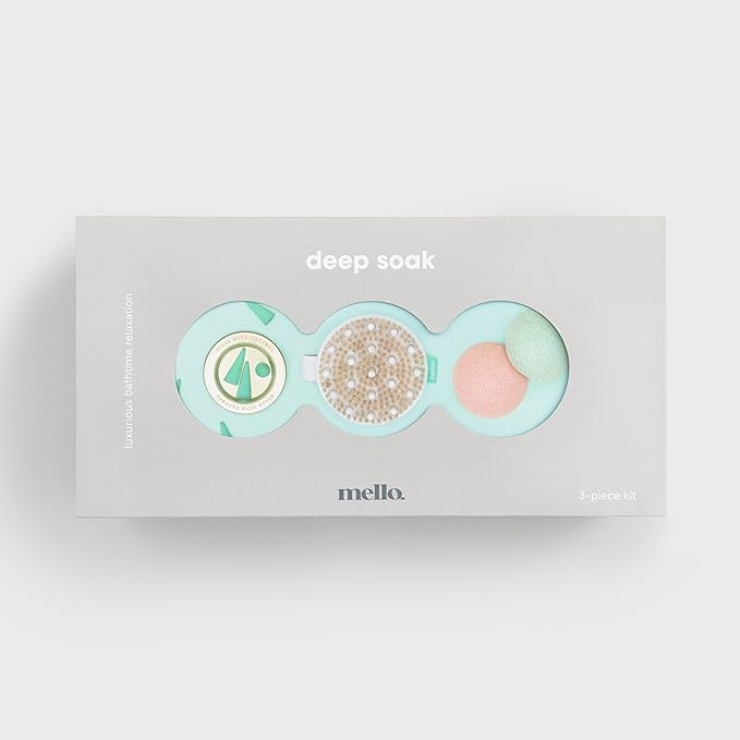 Mello Bath Accessories Deep Soak | Self Care Gifts for Women | Spa Gifts for Women & Relaxation Gifts for Women | Bath Accessories Includes Konjac Sponge, Incense Cones & Exfoliating Brush
