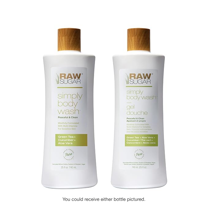 RAW SUGAR Sensitive Skin Simply Body Wash - Green Tea + Cucumber + Aloe Vera, Moisturizing & Brightening Bath & Shower Gel, Sulfate-Free, Paraben-Free & Vegan (Pack of 3)