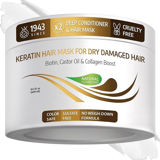 VITAMINS hair cosmetics Keratin Hair Mask - Deep Repair Conditioner with Biotin & Castor Oil - For Damaged, Dry, Curly, Straight, Thin & Fine Hair - Intense Collagen Protein Treatment