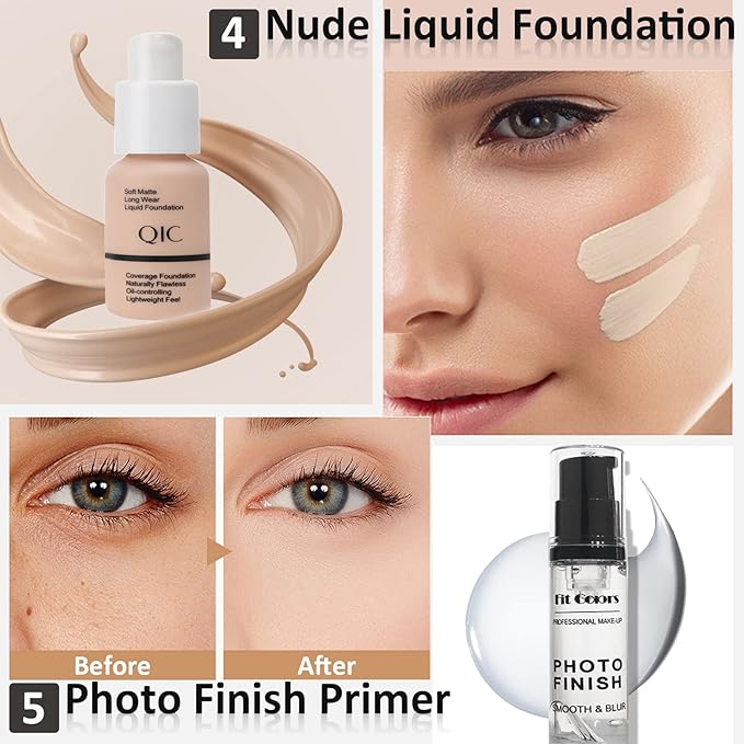 All In One Makeup Essential Starter Kit for Beginners or Pros, 18 Colors Naked Eyeshadow Palette Nude Face Primer, Brush, Sponge, Eyebrow Powder, Winged Eyeliner Stamp (SetA)
