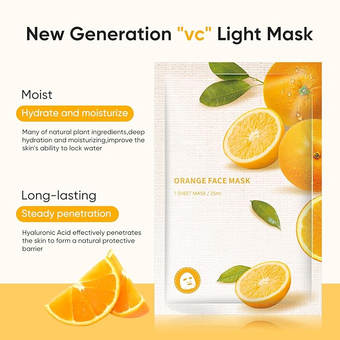 Vitamin C Face Masks Skincare, Hydrating & Moisturizing Sheet Mask for All Skin Types Skin - Firms, Tones & Smooths Fine Lines, Facial Masks for Women Skin Care, Soothe Face Sheet Masks for Spa