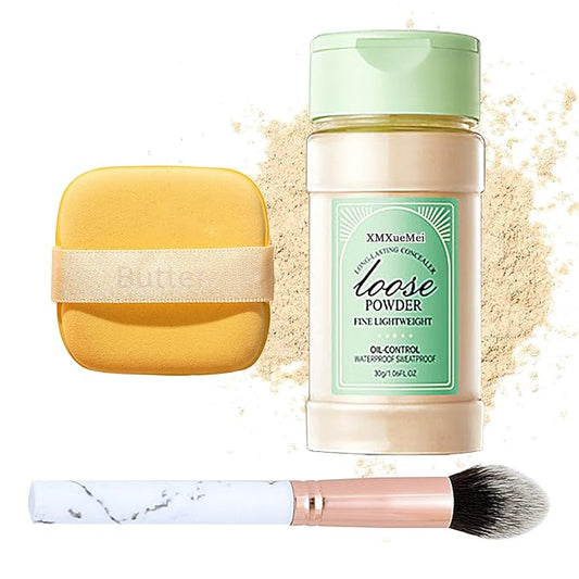 Lightweight Setting Powder,Waterproof Oil Control Translucent Face Powder,Smooth Long Lasting Matte Finish Loose Powder with Face Makeup Brush & Powder Puff(Natural Color)