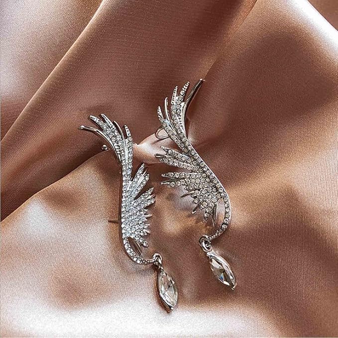 Boho Crystal Angel Wing Earrings Silver Rhinestone Wing Earrings Cz Crystal Ear Climber Earrings Guardian Wing Clip on Earrings Jewelry for Women and Girls Gifts