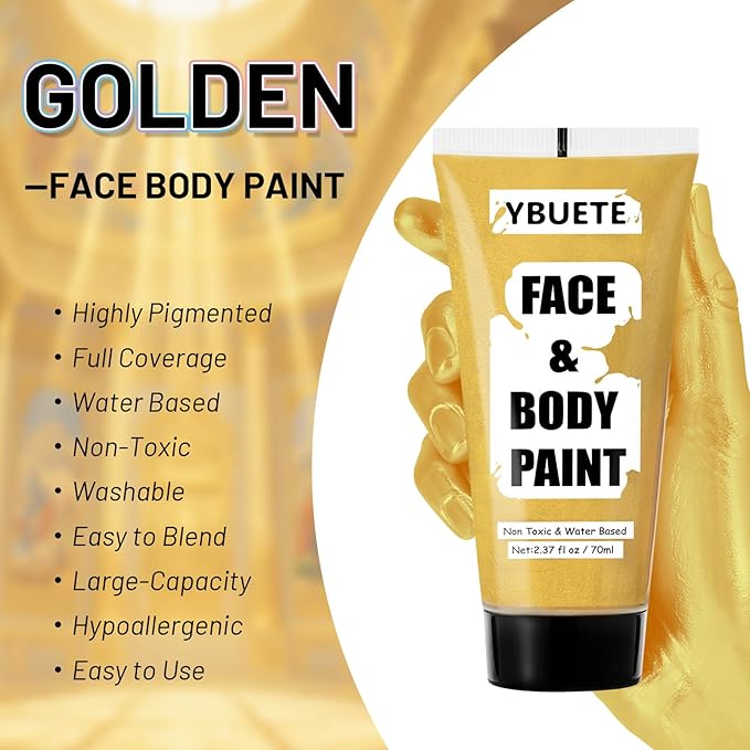 Gold Water Based Face Body Paint, 2.37 OZ Large Tube Full Coverage Face Paint for Skull Goth Cosplay Makeup, Washable Metallic Gold Body Painting Cream for Adult Carnival Halloween SFX Makeup