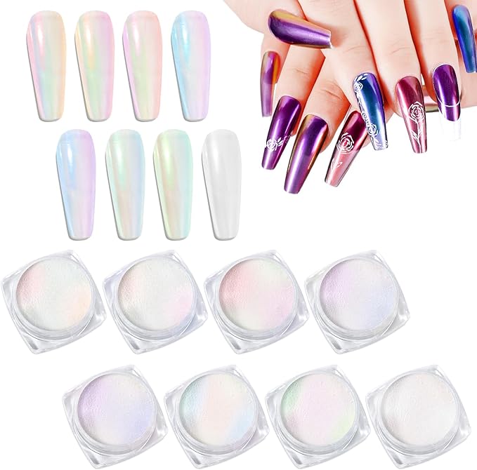 Laza Chameleon Pearl Chrome Nail Powder, 8 Colors Glazed Donut Metallic Mirror Effect Pigment, Iridescent Aurora Nail Glitter Holographic Dust Kit for Gel Nail Art Decoration, Gifts – Gorgeous Mermaid