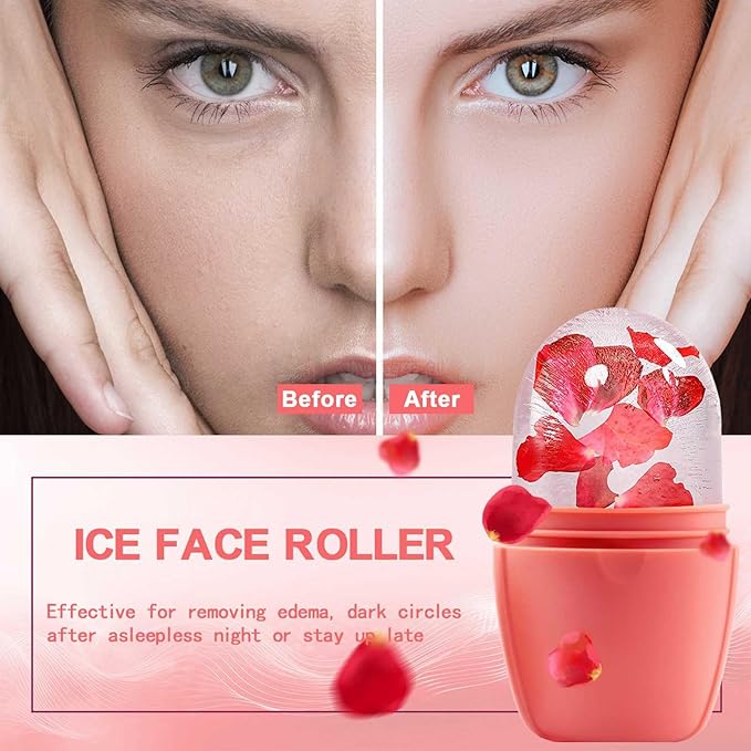 XHJRI Ice Face Roller Massager,Ice Cube Roller for Face, Eyes and Neck Naturally Conditioning and Skin Care,De-Puff Eye Bags,Reduce Migraine Pain,Reusable Massage Silicone Ice Mold (New Pink)