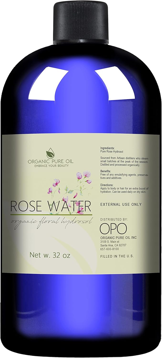 Rose Hydrosol Water - 32 oz - Pure Rose Hydrosol β Hydrating Face Toner Rose Water for Skin and Hair, Linen Spray for Sheets, Room Freshener, Body Spray by Organic Pure Oil - Packaging May Vary