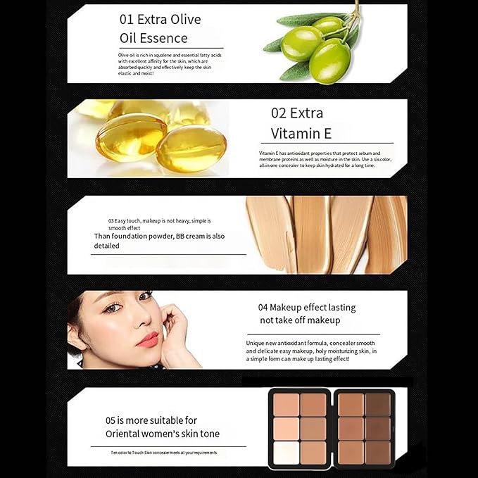 Makeup Cream Contour Palette with Makeup Brush, 12 Shades Full Cover Creamy Concealer and Highlighting Makeup Kit for Under Eye Dark Circles, Acne & Blemishes, Reduces Redness, Light to Dark