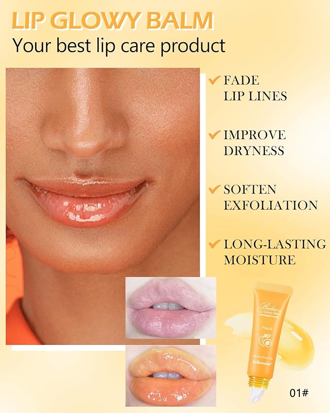 Hydrating Lip Glowy Balm, Ultra-Nourishing Lip Balm for Dry Cracked Lips, Moisturizer Lip Repair Sleeping Lip Mask, Day and Night Lip Care Therapy Treatment, Glossy Smooth Lip Butter Balm-01#Peach