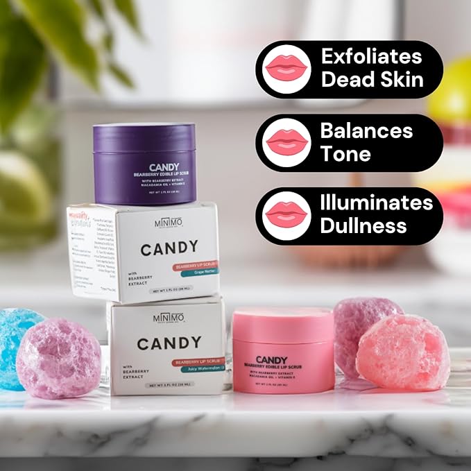 Minimo Candy Lip Exfoliator Scrub & Moisturizer - Lip Scrubber Exfoliator- Lip Brightening For Dark Lips Smoker| Removes Dead Skin from Dry Chapped Lips - Nourishes & Hydrates(1 oz) Pack Of 2