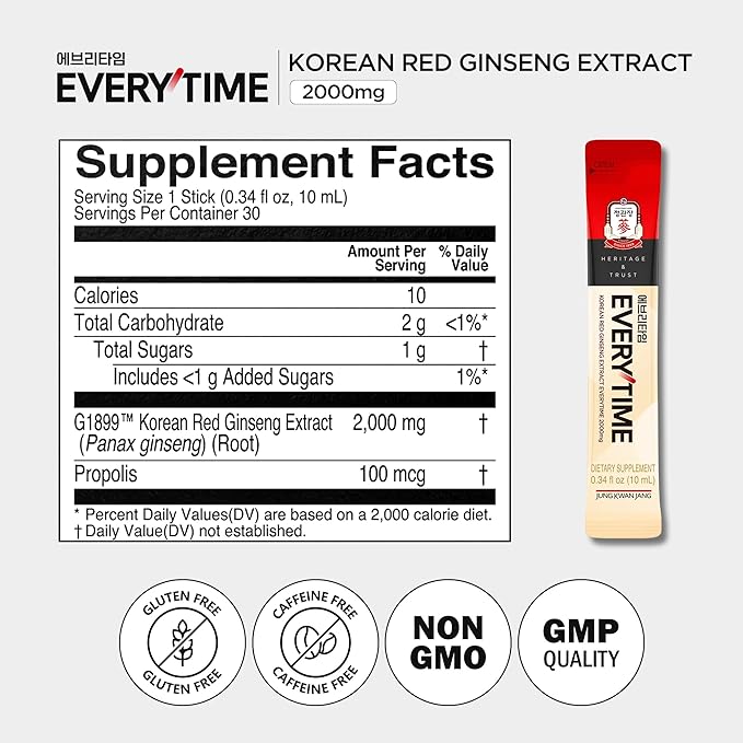 JUNG KWAN JANG Everytime Korean Red Ginseng Extract 2,000mg - Liquid Stick Supplements with Propolis & Adaptogen - Energy Boost & Immune Support | Natural & Healthy Energy Drinks (10 Sticks)