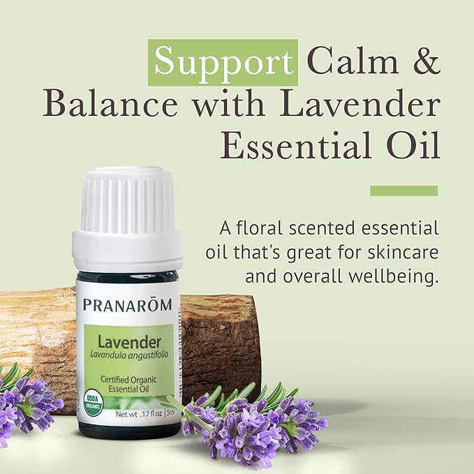 Pranarom USDA Certified Organic Lavender Essential Oil (5ml), 100% Pure Undiluted Therapeutic Grade from French Alps for Aromatherapy, Diffuser, Healthy Skin & Hair, Massage, Relaxation