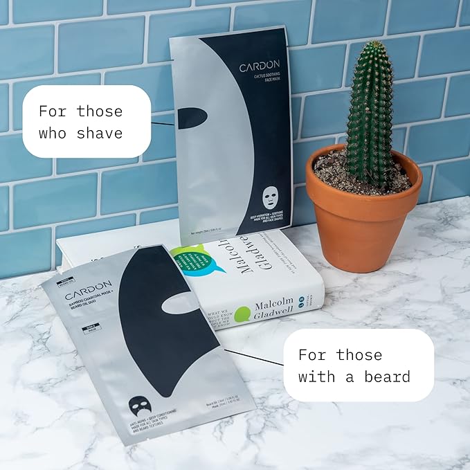 Cardon Charcoal Face Mask for Men with Beard Oil (4-Pack) | Ideal Stocking Stuffer for Men - Helps Detox, Hydrate, and Nourish with Anti-Aging Serum - Peel Off Mens Face Mask for Post Shave Soothing