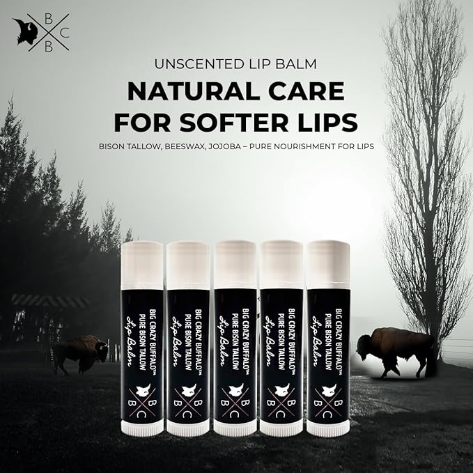 Pure Bison Tallow Unscented Gift Set - Buff Bar, Salve, & 3 Unscented Lip Balms - Cleans, Moisturizes, Soothes, Naturally Derived - No Dyes, Chemicals, Fragrances, or Preservatives
