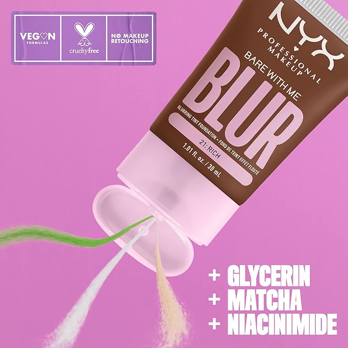 NYX PROFESSIONAL MAKEUP Bare With Me Blur Skin Tint Foundation Make Up with Matcha, Glycerin & Niacinamide - Rich