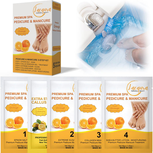 Epsom Salt Soak, Callus Remover Gel, Extreme Sugar Scrub, Collagen Mask & Shea Butter Lotion β Professional Spa Foot Care System 5 Step Luxury Pedicure Kit. Orange 03 Set