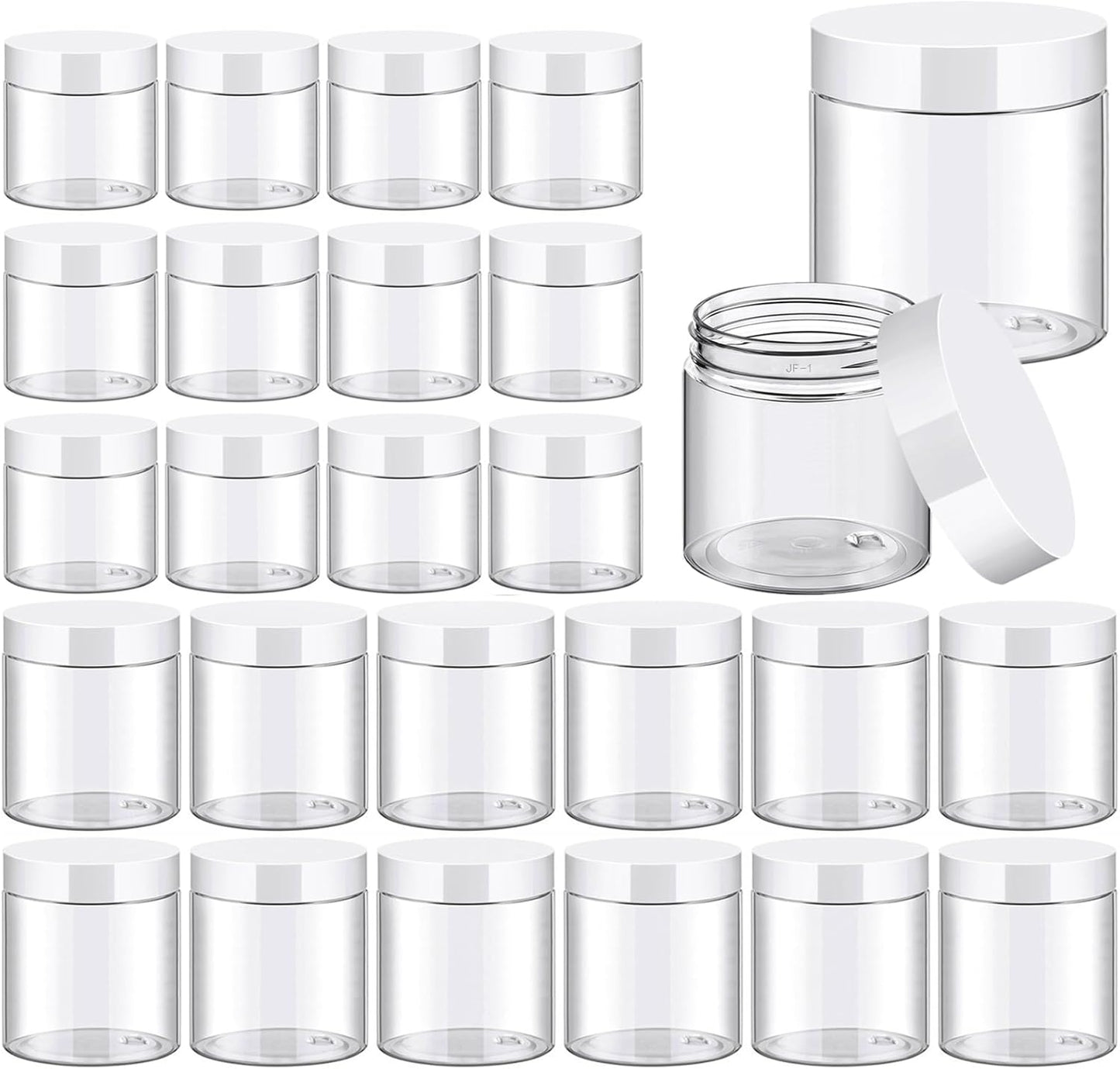 TUZAZO 24 Pack Plastic Jars with White Lids and Labels, 12pcs 8 OZ and 12pcs 4 OZ Round Clear Cosmetic Containers for Body Butter, Body Scrub, Cream, Lotion, Slime Jar, Small Items, Travel Storage