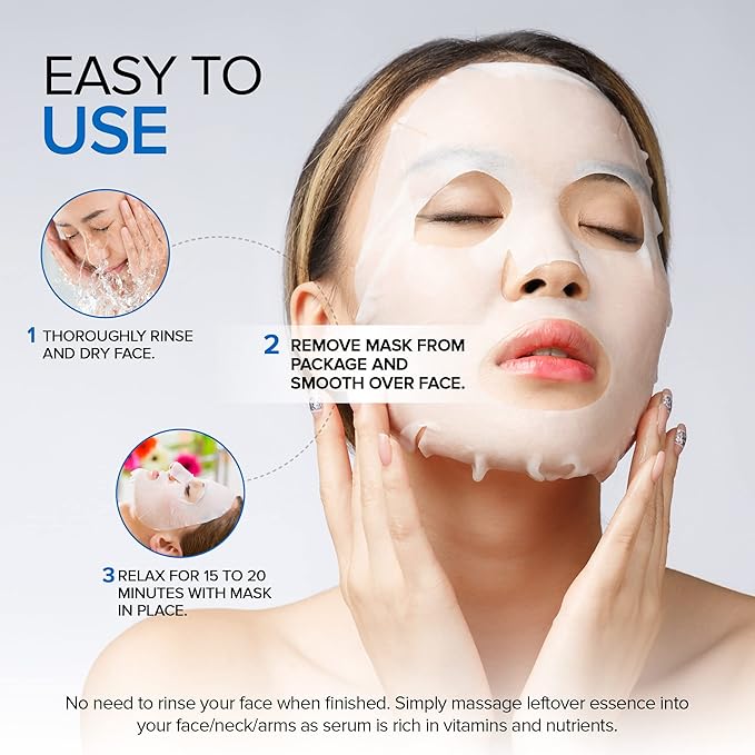 Azure Cosmetics Hyaluronic Acid & Retinol Face Mask - Dermatologist Tested - Rejuvenating & Hydrating Sheet Mask - Reduce Fine Lines & Wrinkles, Smooths & Repairs - Korean Skin Care - Pack of 5