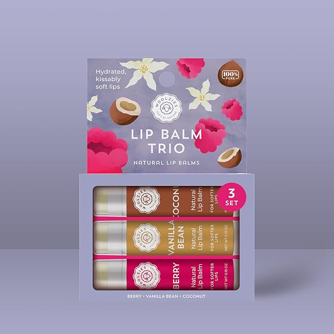 Lip Balm Set: All-Natural Shea Butter, Beeswax, Coconut Oil, Vitamin E Infused Lip Moisturizer Care (3 Pack, Trio)