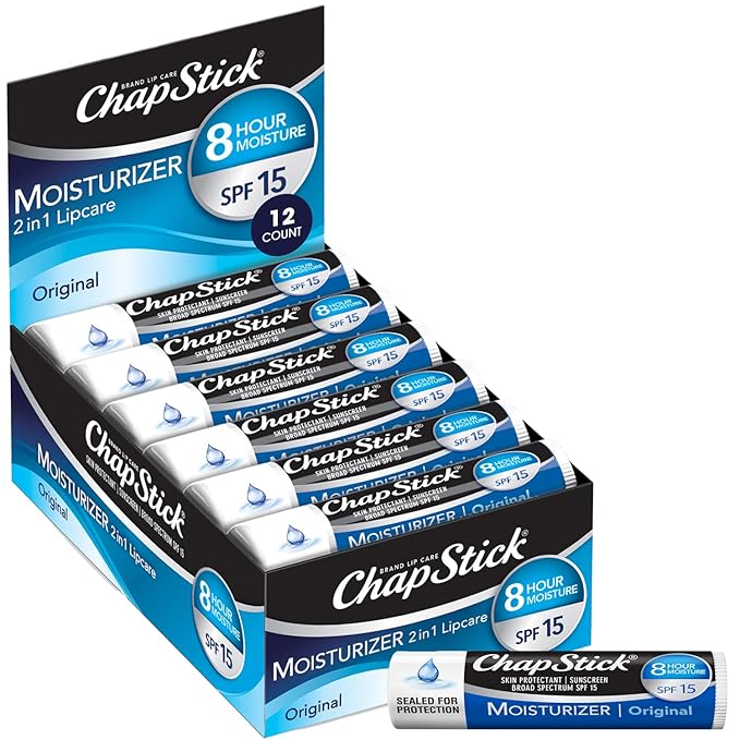 ChapStick Moisturizer 2-in-1 Lipcare SPF 15, Original, 12-Pack – 8-Hour Sunscreen Lip Balm with Aloe Vera and Vitamin E, 0.15 Oz Ea