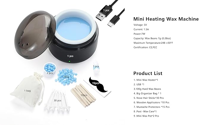 Nose Wax Kit - Travel Wax Warmer for Hair Removal with 100g Waxs, 15 Applicators, 30 Nose Hair Sticks 2 Silicone Pots, 1 Bag Constant Temperature, 15-20 Times Black - Round | Black | Mini