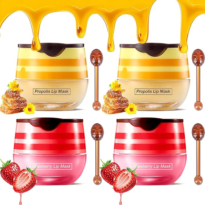 Bee Lip Balm Honey Pot,4 PCS Strawberry & Honey Moisturizing Propolis Lip Mask,Hydrating Prevention Dry and Cracked Lip Scrubs Exfoliator,Lip Sleep Mask Reduces Lip Lines Lip Skin Care ProductsâŠ