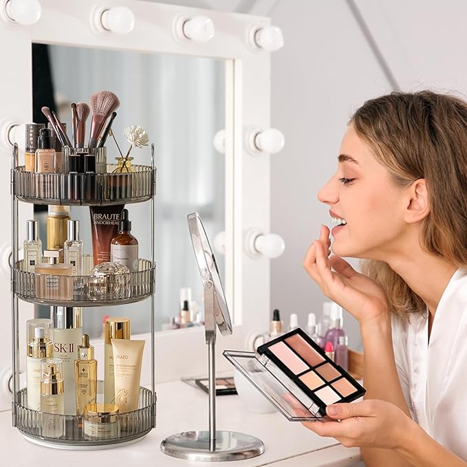 Rotating Makeup Organizer for Vanity, High-Capacity Skincare Clear Make Up Storage Perfume Organizers Cosmetic Dresser Organizer Countertop 360 Spinning (Gray, New-3 Tier)