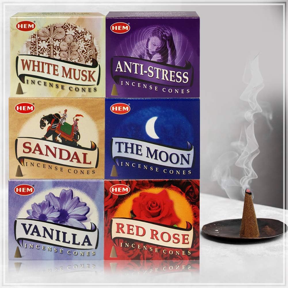 Hem Incense Cones Variety Pack #6 and Cone Incense Burner Bundle with 6 Most Admired Fragrances