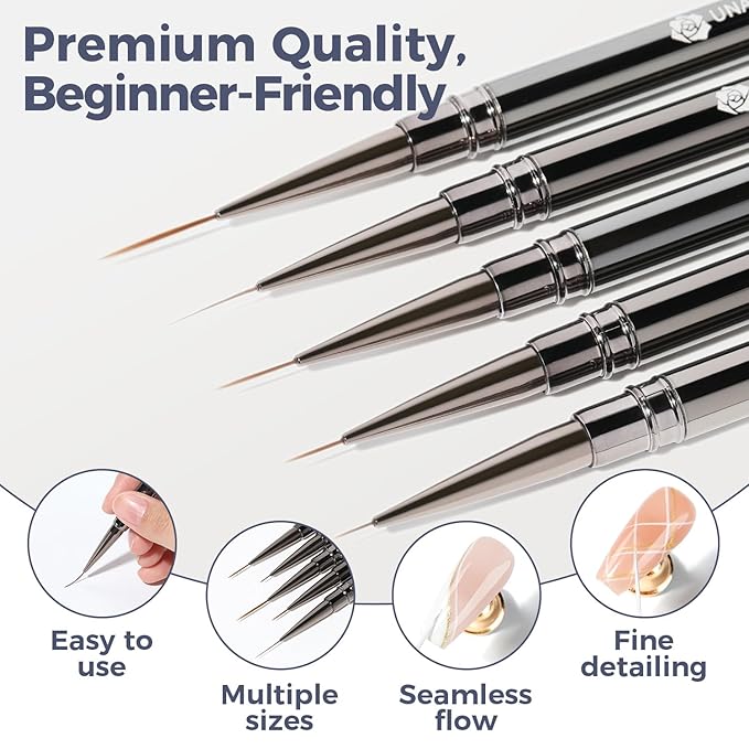 UNA GELLA Nail Art Brushes Metallic, Liner Pens 5Pcs Set For Nail Art Gel Polish, Gray Color, Detail Nail Art Design Painting Brush Set For Nails Gel Fine Drawing Nail Tools, 6/9/11/15/18mm Sizes
