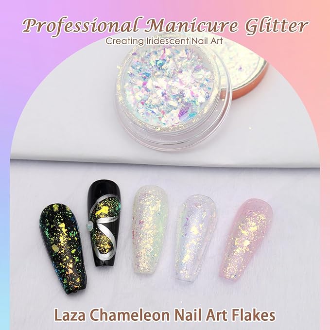 Laza Blue Green Chameleon Flakes Nail Glitter Irregular Opal Nail Foil Flakes Chunky Confetti Color-Shift Sequins Iridescent Fairy Dust for Mermaid Nails Design, Nail Decorations for Nail Art