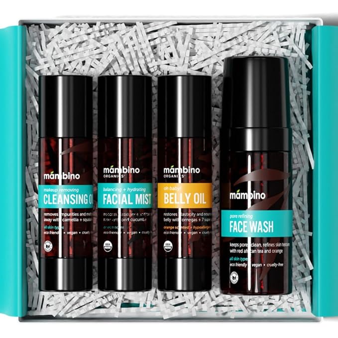 Third Trimester Set – All Natural Skincare Pregnancy Gift Box – Anti-stretch mark Belly Oil, Rose Facial Mist, Cleansing Oil, Face Wash - Mambino Organics