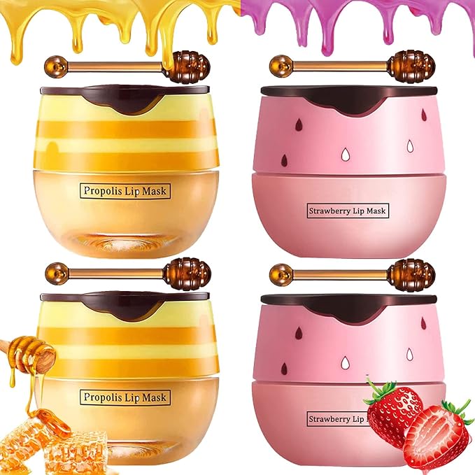 Bee Lip Balm Honey Pot, 4 PCS Strawberry & Honey Lip Masks Hydrating Prevention Dry and Cracked Lip Scrubs Exfoliator,Lip Sleep Mask Reduces Lip Lines,Lip Exfoliating Bee Lip Balm Sleeping Lip Mask