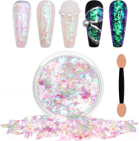Laza Mermaid Fairytale Chameleon Flakes Nail Glitter Irregular Opal Nail Foil Flakes Chunky Confetti Color-Shift Sequins Iridescent Fairy Dust for Mermaid Nails Design, Nail Decorations for Nail Art