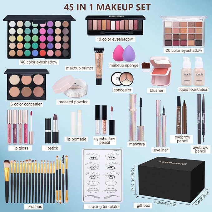 All in One Makeup Kit Makeup Kit for Women Full Kit Multipurpose Makeup ,eyeshadow、 liquid foundation,Loose powder,Eyebrow pencil,4-color lip gloss set