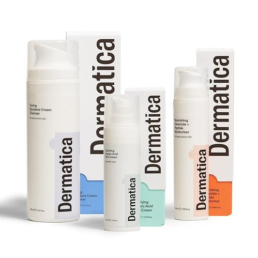 Dermatica Brightening & Barrier Repair Kit, Caring Squalane Cleanser (150ml), Clarifying Azelaic Acid 15% Cream (30ml), Nourishing Ceramide + Peptide Moisturiser (50ml)