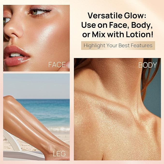 Body Shimmer Oil, 50ml Sunscreen Liquid Highlighter Bronzer Body Glitter Oil Long Lasting Moisturizing Makeup Lotion Illuminate Serum Glow Shimmer Skin 1.7 Fl Oz(Shining White #03)