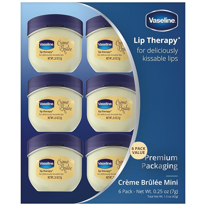 Vaseline Lip Therapy Creme Brulee Mini, White Petrolatum, Advanced Moisturizer, Relieves Dull and Dry Skin, Mini Vaseline Petroleum Jelly, Soft & Smooth Vaseline Lips (Pack of 6-0.25 Oz Ea)
