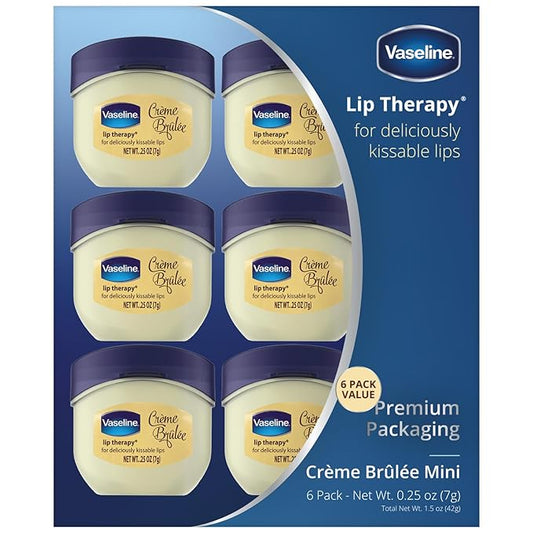 Vaseline Lip Therapy Creme Brulee Mini, White Petrolatum, Advanced Moisturizer, Relieves Dull and Dry Skin, Mini Vaseline Petroleum Jelly, Soft & Smooth Vaseline Lips (Pack of 6-0.25 Oz Ea)