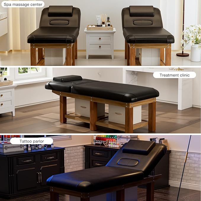 SyyBhb Professional Stationary Wooden Massage Table with Storage, Heavy Duty Spa Bed for Treatment Exam Physical Therapy Tattoo Facial Wax, Weight up to 1000lbs