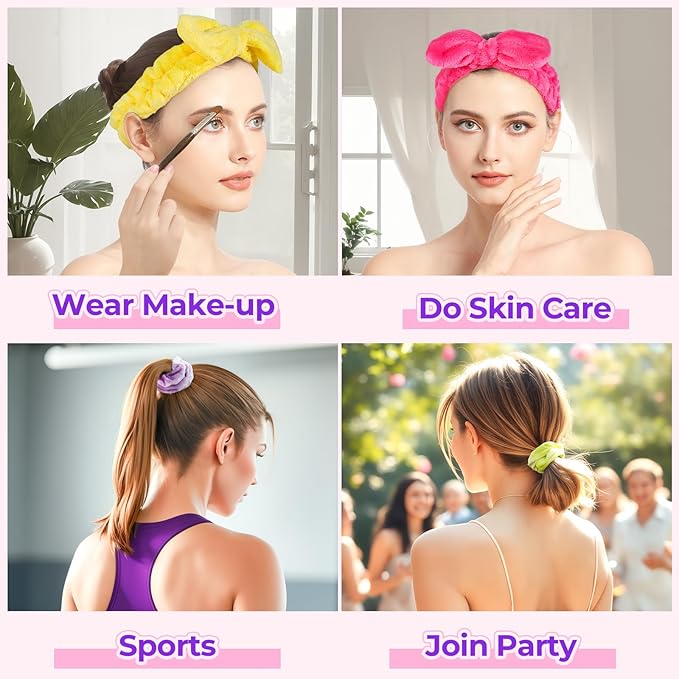 LEOBRO Spa Headband, Makeup and Skincare Headbands, Headband for Washing Face, with Bows for Hair Decorations, and Hair Scrunchies, Christmas Gifts for Teens, Girls, Women (Rose Red & Yellow & Purple)