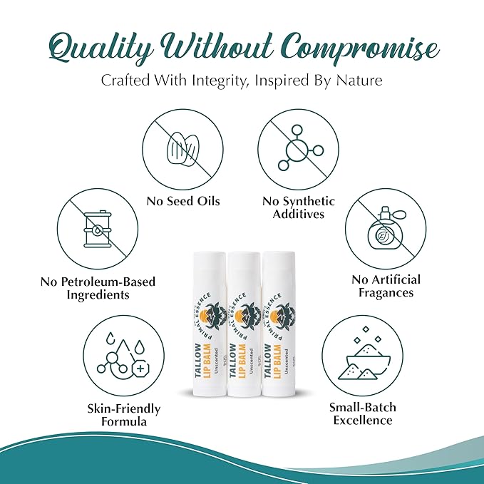 Moisturizing Tallow Lip Balm – Grass-Fed Beef Tallow with Organic Coconut Oil, Beeswax, and Vitamin E – Unscented Lip Balm Set – Travel Essential - 3-Pack