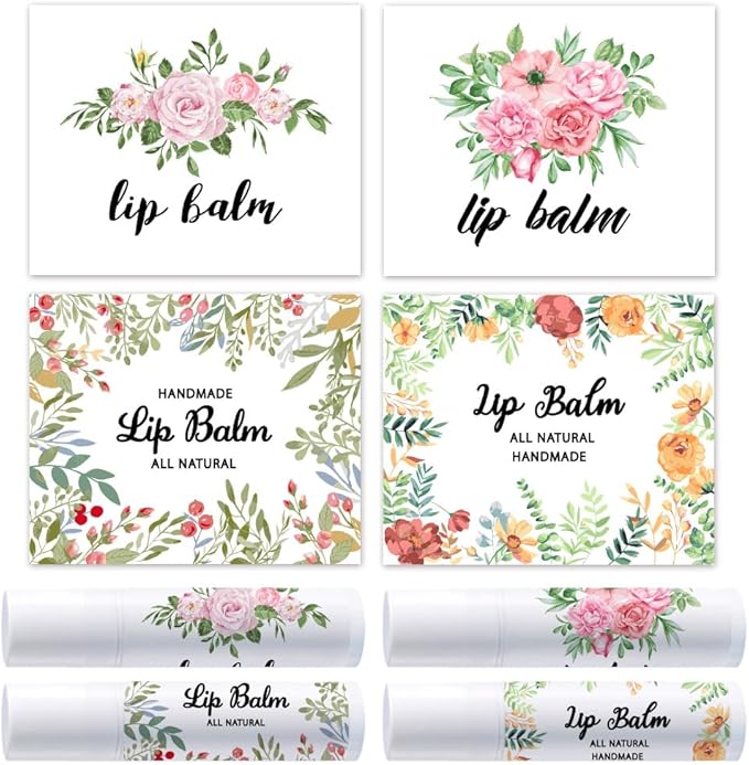 OLYCRAFT 100Pcs 4 Styles Flower Lip Balm Labels Stickers 2.1x1.7 inch Self-Adhesive Favor Lip Balms Flower Stickers with Handmade Words for Lipstick Wrapping Decorations Birthday Party Supplies