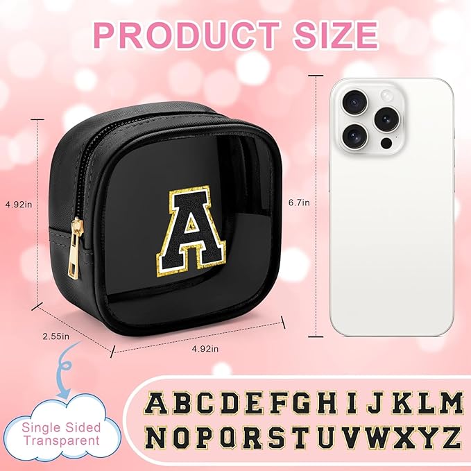 YOOLIFE Initial Makeup Bag Travel Toiletry Bag, Clear Makeup Bag Car Accessories For Women Clear Makeup Bags With Zipper Girlfriend Teacher 7 Year Old Girl Gifts Daughter Gifts Girl Gifts Mini Black C