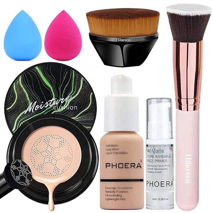PHOERA Foundation,Mushroom Head Air Cushion CC Cream Natural Foundation,PHOERA Makeup Foundation Full Coverage,Phoera Face Primer, Foundation Brush (104 Buff Beige +04 Buff Beige CC)